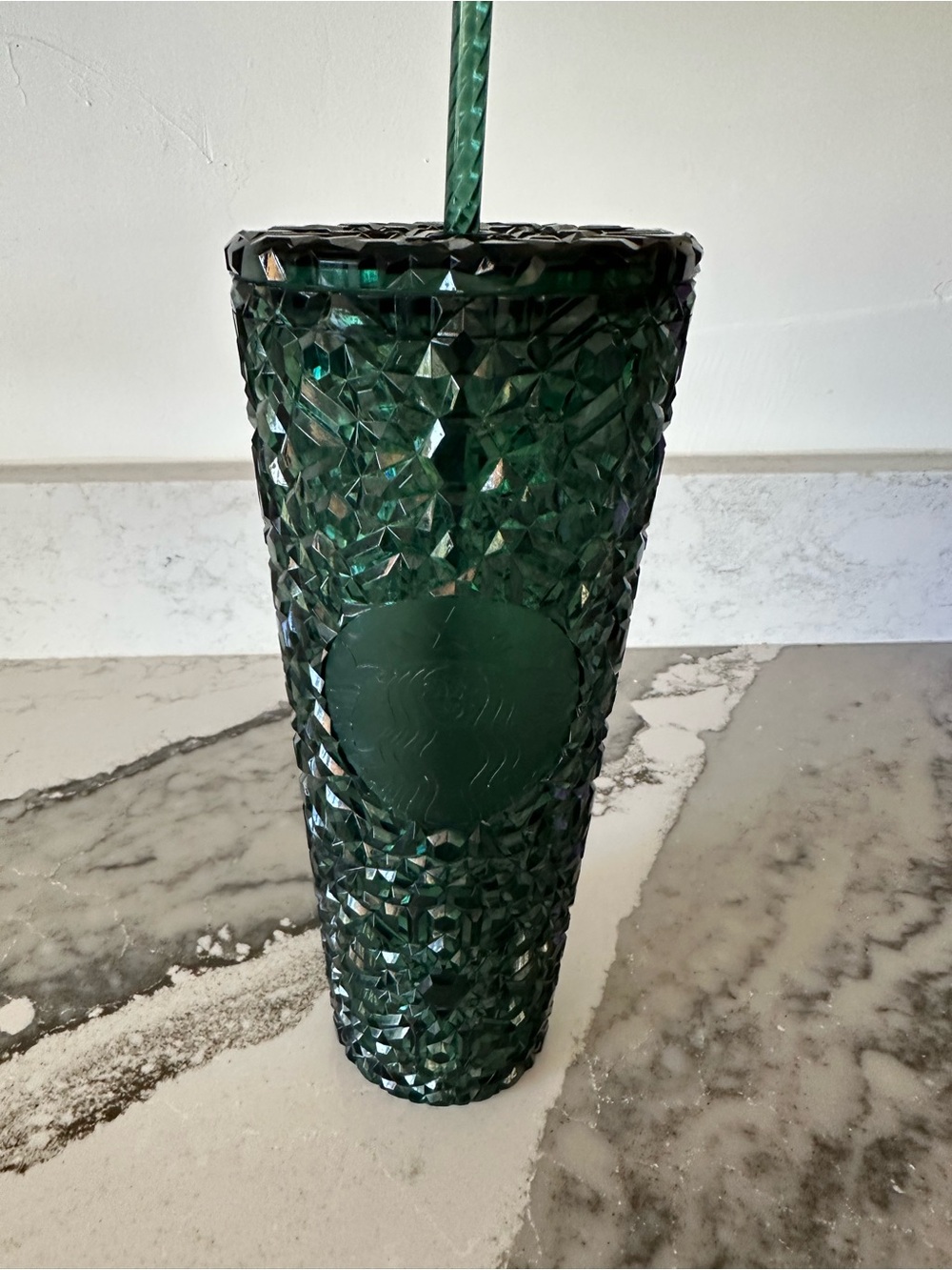 Starbucks Emerald Green Faceted Studded Cold Cup with Twisted Straw